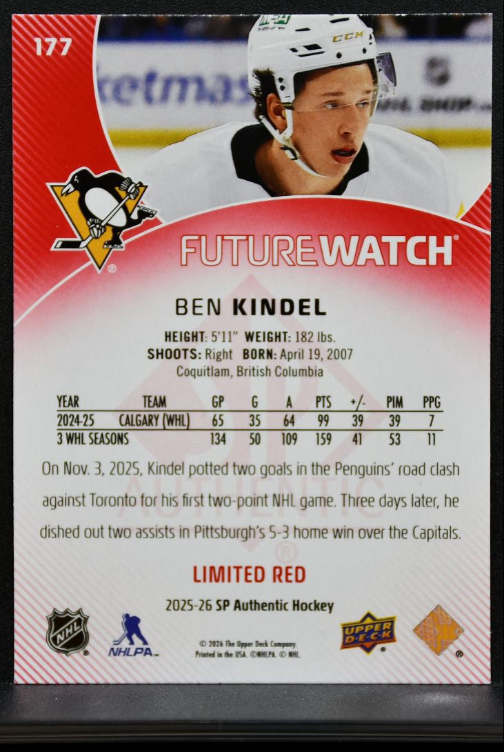 2025-26 SP Authentic Future Watch Limited Red Ben Kindel 177 Penguins RC 8471