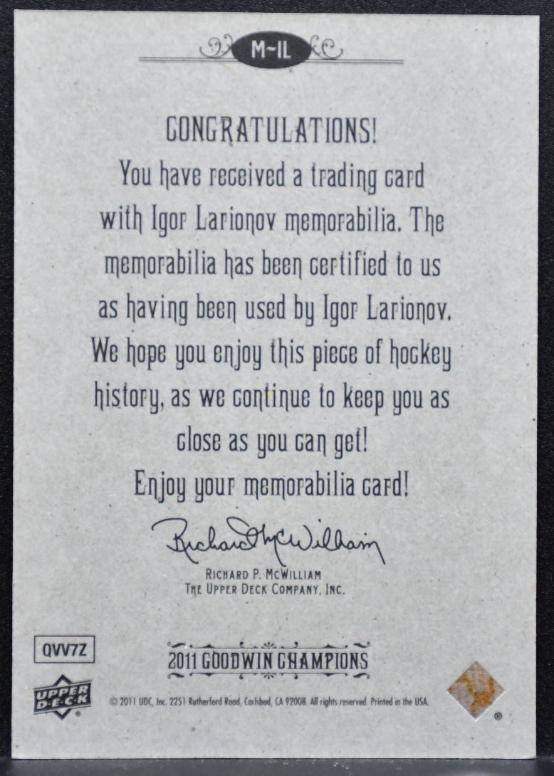 2011-12 UD Goodwin Champions Memorabilia Igor Larionov Red Wings Jersey 8703