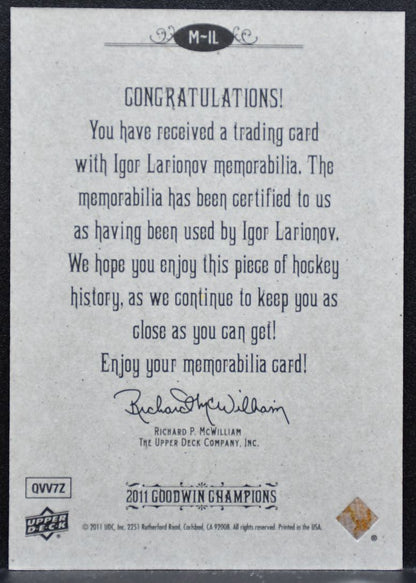 2011-12 UD Goodwin Champions Memorabilia Igor Larionov Red Wings Jersey 8703