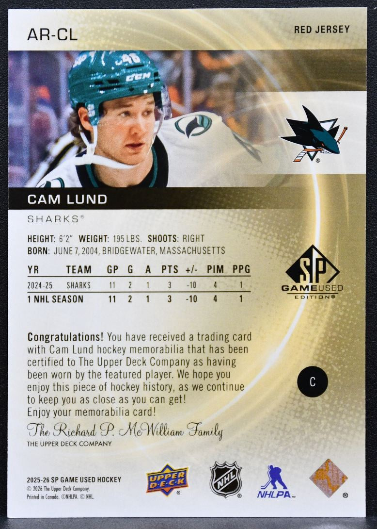 2025-26 SP Game Used Authentic Rookies Red Jersey Cam Lund Sharks RC Jersey 6333