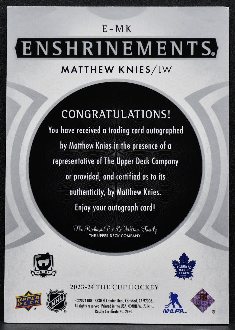 2023-24 UD The Cup Enshrinements Auto Matthew Knies Maple Leafs Auto 91/99 7276