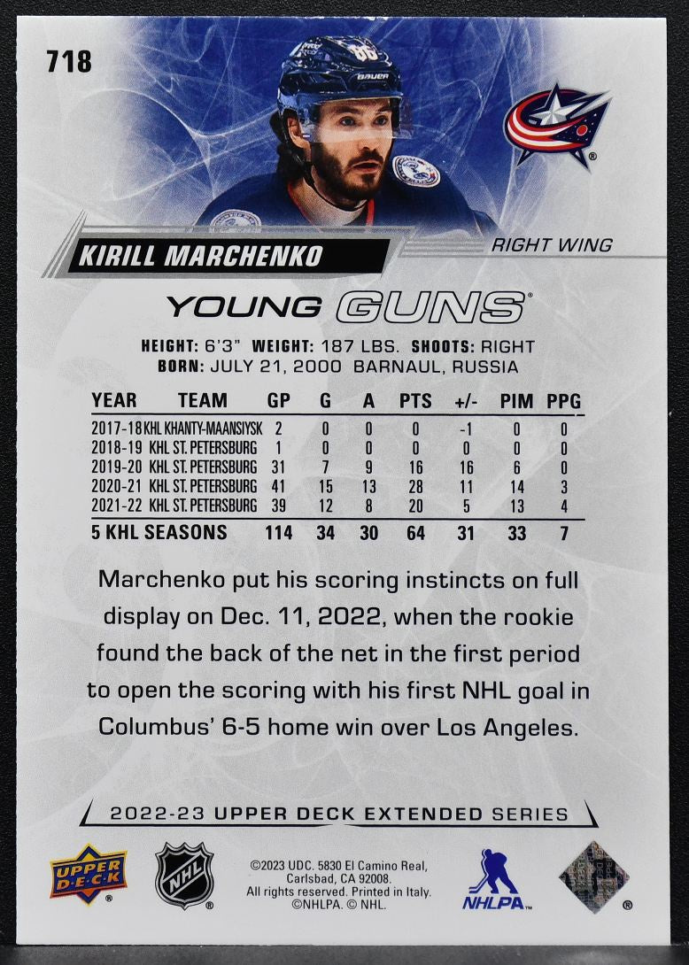 2023-24 Upper Deck Extended Series Young Guns Kirill Marchenko 718 RC 8203