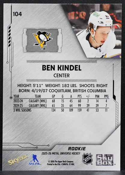 2025-26 SkyBox Metal Universe Rookie Ben Kindel 104 Pittsburgh Penguins RC 6514