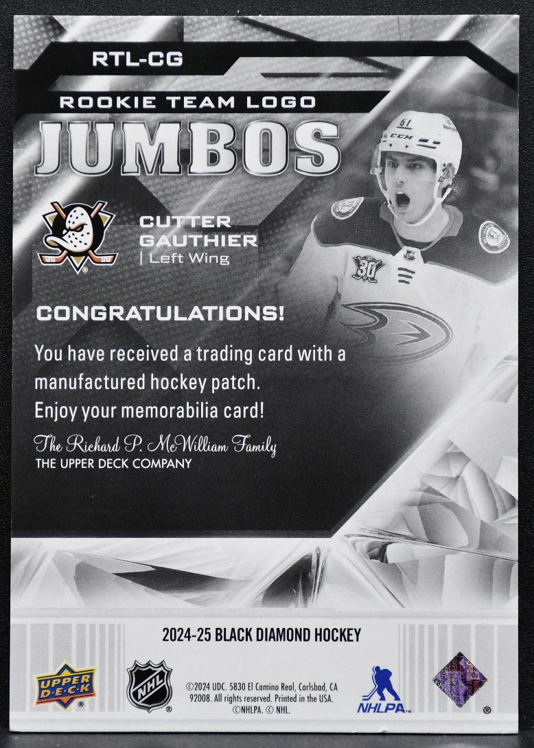 2024-25 UD Black Diamond Rookie Team Logo Jumbos Gauthier Ducks RC Patch 6262