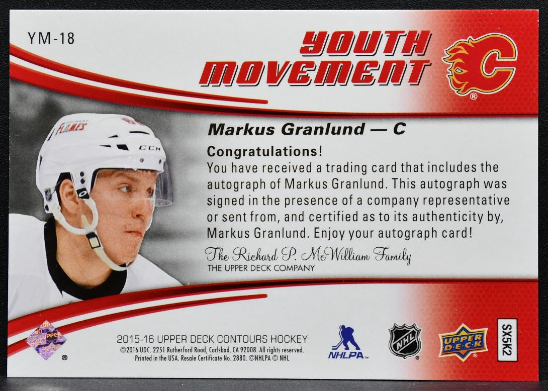 2015-16 UD Contours Youth Movement Autographs Markus Granlund Flames Auto 7351