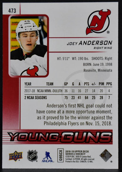 2018-19 UD Series 2 UD Exclusives Young Guns Joey Anderson 473 Devils RC 050/100 6132