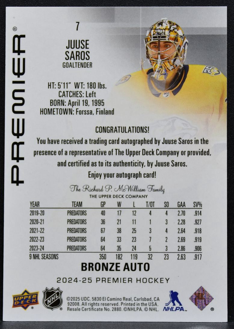 2024-25 Upper Deck Premier Bronze Auto Juuse Saros 7 Predators Auto 3554