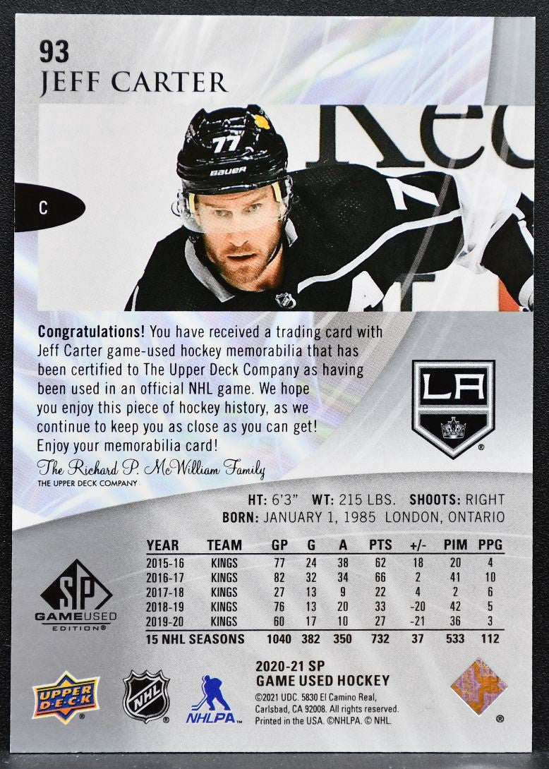 2020-21 SP Game Used Silver Jersey Jeff Carter 93 Los Angeles Kings Jersey 3131
