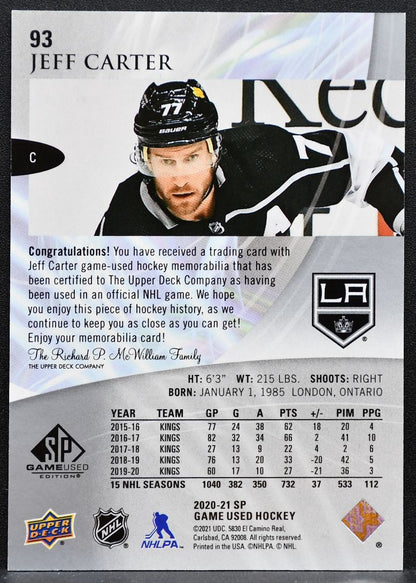 2020-21 SP Game Used Silver Jersey Jeff Carter 93 Los Angeles Kings Jersey 3131