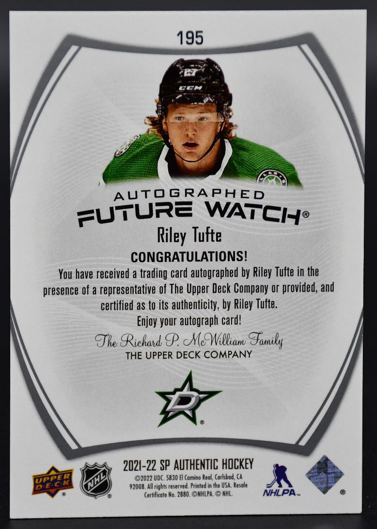 2021-22 SP Authentic Riley Tufte 195 Dallas Stars RC Auto 752/999