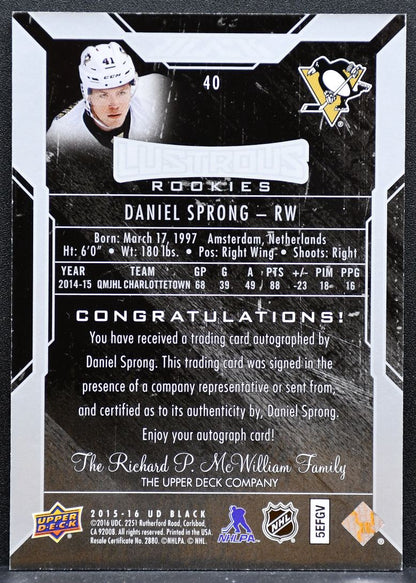 2015-16 UD Black Lustrous Rookies Auto Daniel Sprong RC Auto 072/299 1667
