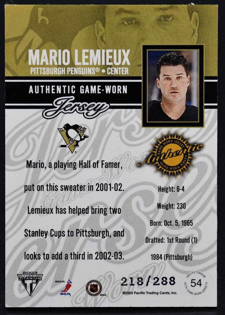 2000-01 Titanium Authentic Game-Worn Jersey Lemieux Pittsburgh Penguins /288