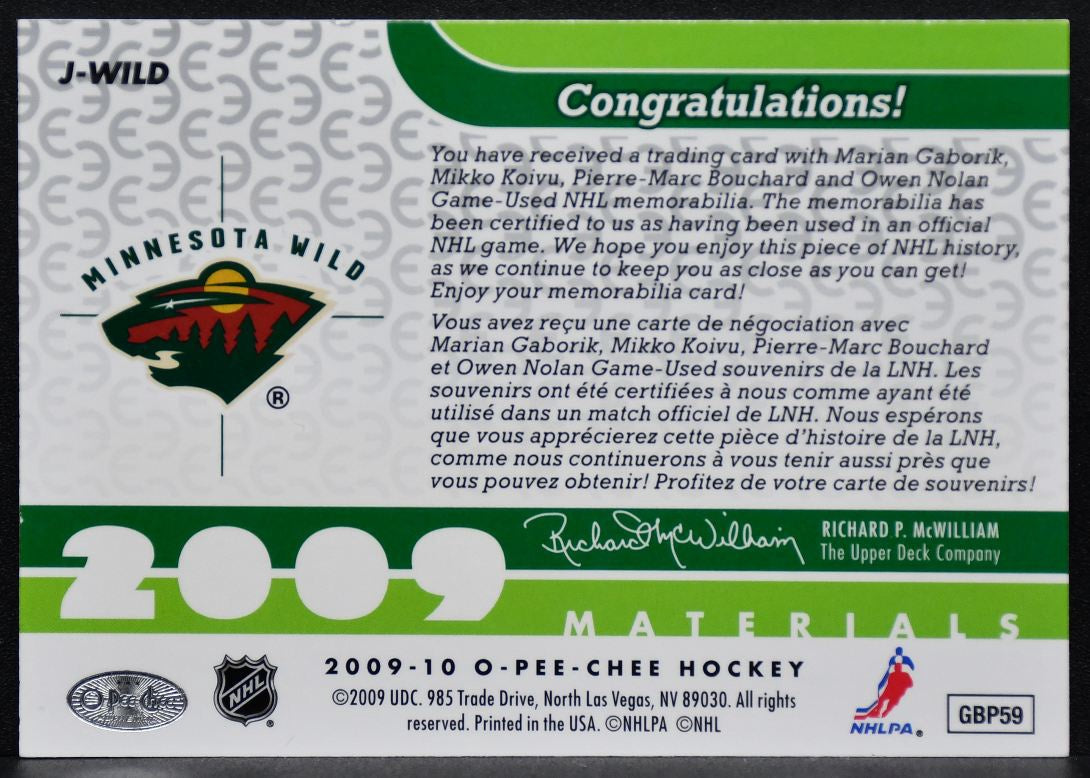 2009-10 OPC Materials Gaborik/Koivu/Nolan/Bouchard Jersey 8401