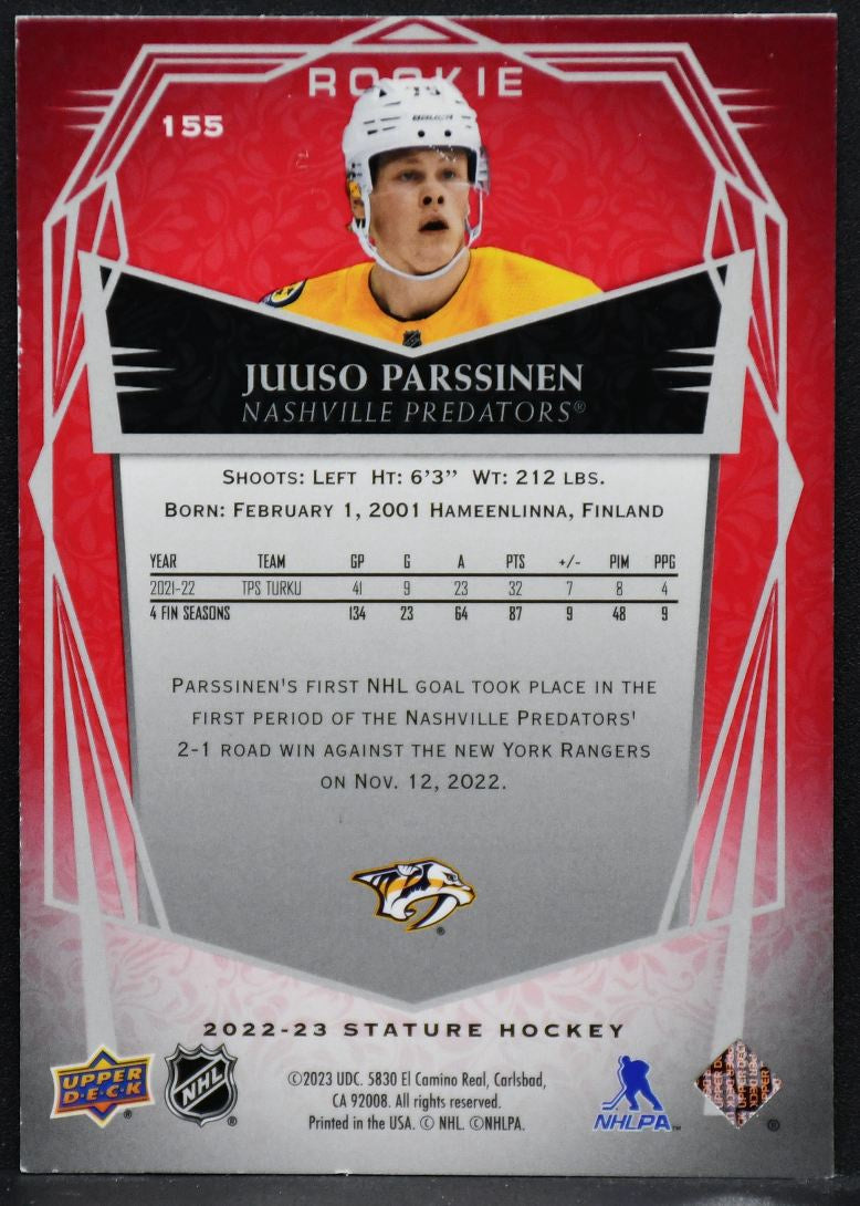2022-23 UD Stature Rookie Red Photo Variant Juuso Parssinen 155 RC 06/11