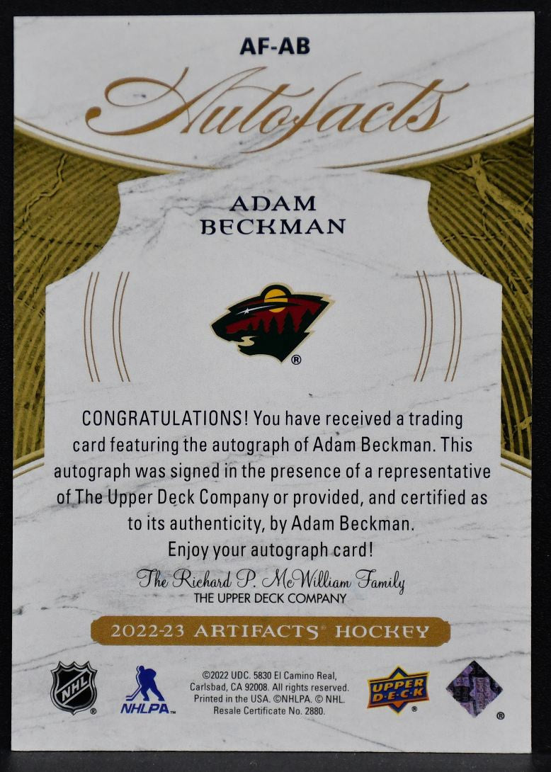 2022-23 Upper Deck Artifacts Auto Facts Adam Beckman AF-AB Minnesota Wild Auto 5334
