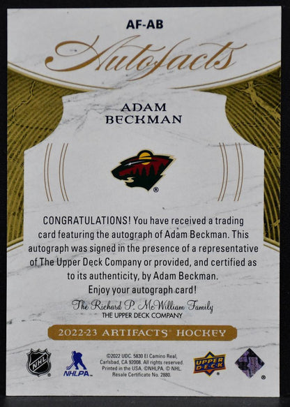 2022-23 Upper Deck Artifacts Auto Facts Adam Beckman AF-AB Minnesota Wild Auto 5334