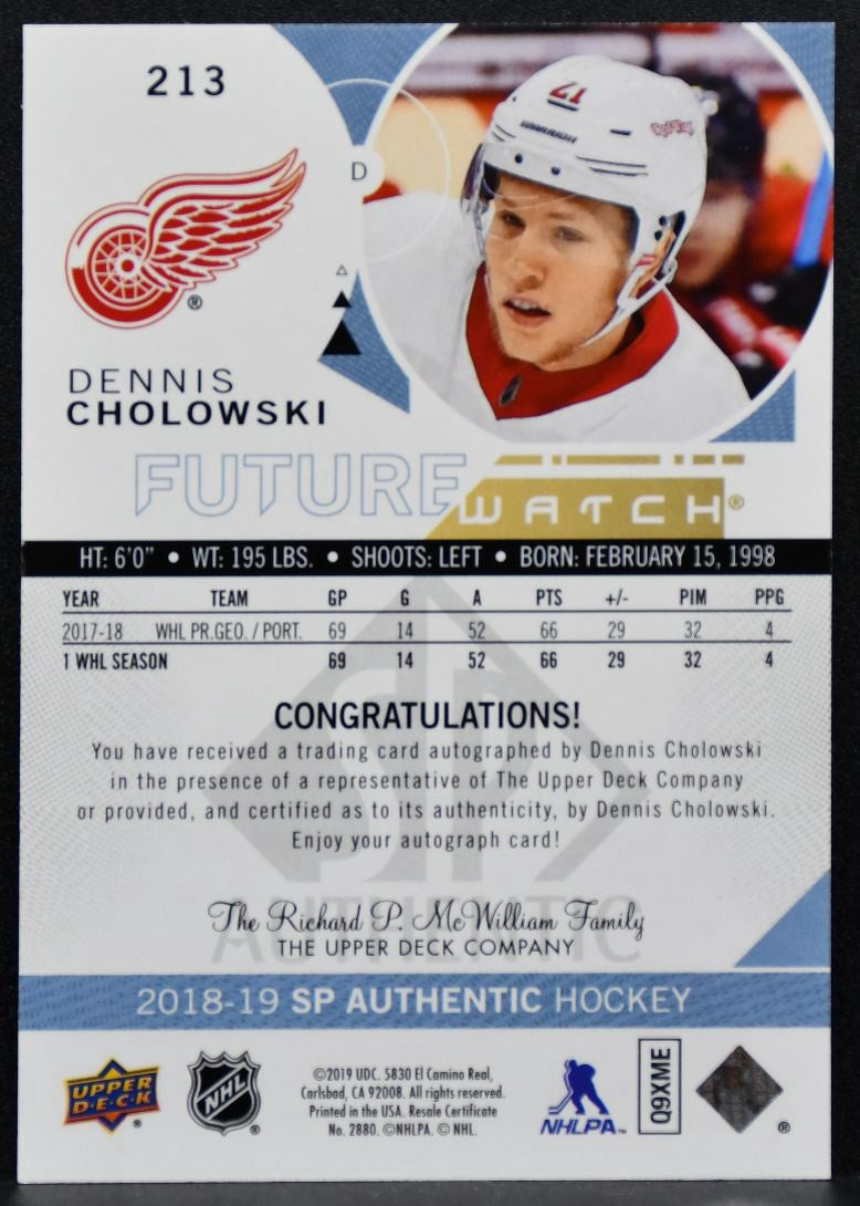 2018-19 SP Authentic Future Watch Auto Cholowski Red Wings RC Auto 433/999 3098