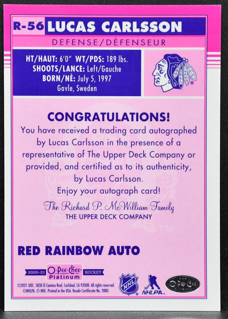 2020-21 OPC Platinum Retro Rookie Auto Lucas Carlsson Blackhawks RC Auto 3338