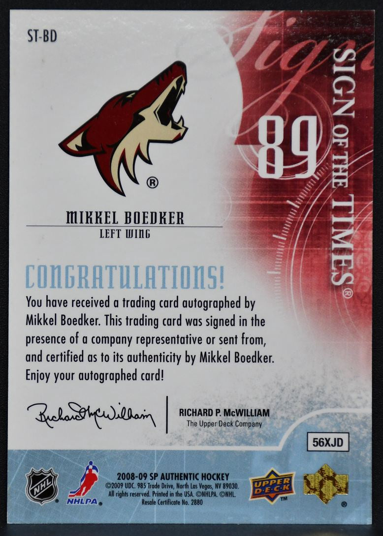 2008-09 SP Authentic Sign of the Times Mikkel Boedker ST-BD Coyotes Auto 0041