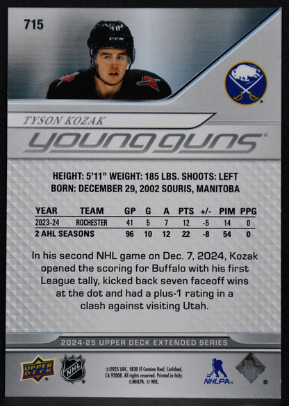 24-25 UD Extended Series UD Exclusives Young Guns Tyson Kozak Sabres RC 012/100 6071