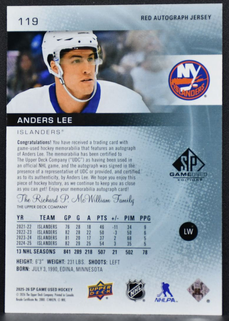2025-26 SP Game Used Red Auto Jersey Anders Lee 119 Auto 142/149 Jersey 6957