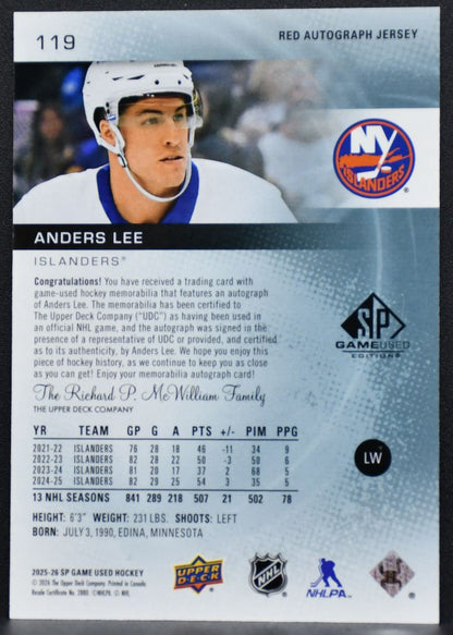 2025-26 SP Game Used Red Auto Jersey Anders Lee 119 Auto 142/149 Jersey 6957