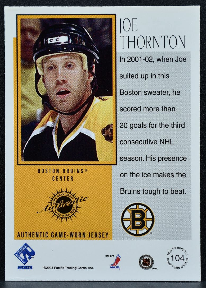 2002-03 Pacific Private Stock Reserve Jersey Joe Thornton Bruins Jersey 6668