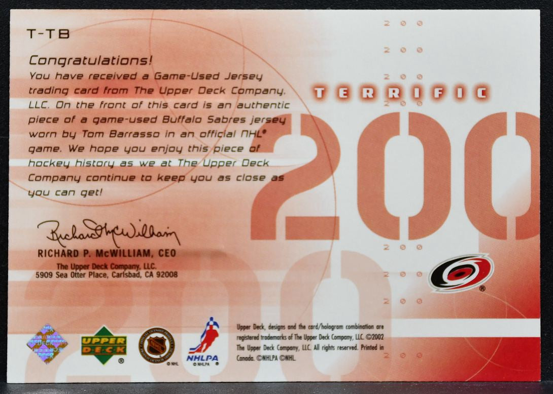 2001-02 UD Challenge for the Cup Terrific 200 Tom Barrasso Jersey 9509