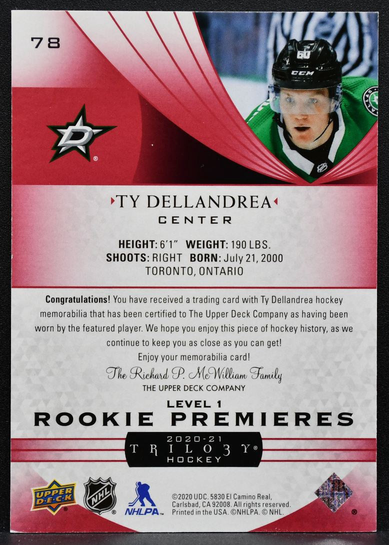 2020-21 UD Trilogy Rookie Premieres Red Foil Ty Dellandrea Stars RC Jersey 6866