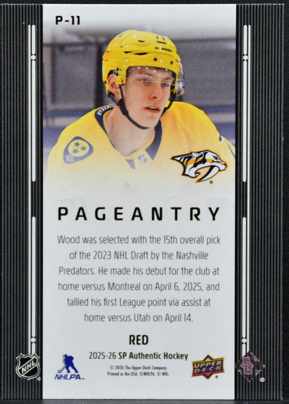 2025-26 SP Authentic Pageantry Red Matthew Wood P-11 Nashville Predators RC 0351