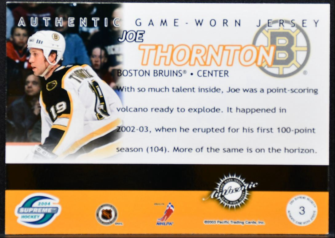 2003-04 Pacific Supreme Jersey Joe Thornton 3 Boston Bruins 029/400 Jersey 8994