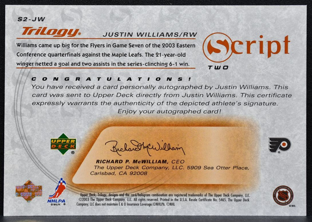 2003-04 Upper Deck Trilogy Scripts Justin Williams S2-JW Flyers Auto 8092