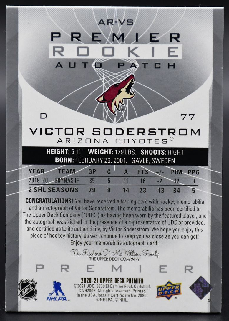 2020-21 UD Premier Victor Soderstrom AR-VS Arizona Coyotes RC Auto 199/249 Patch