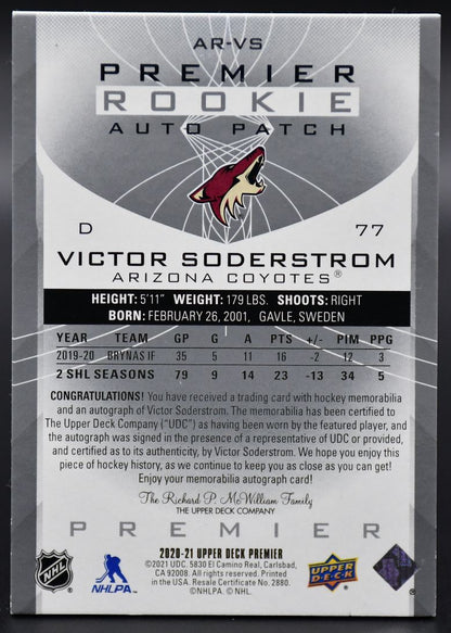 2020-21 UD Premier Victor Soderstrom AR-VS Arizona Coyotes RC Auto 199/249 Patch