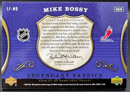 Maillot autographié Mike Bossy, porté en match lors de la saison 2006-2007 (édition limitée Legendary Fabrics Autographs), numéroté /100