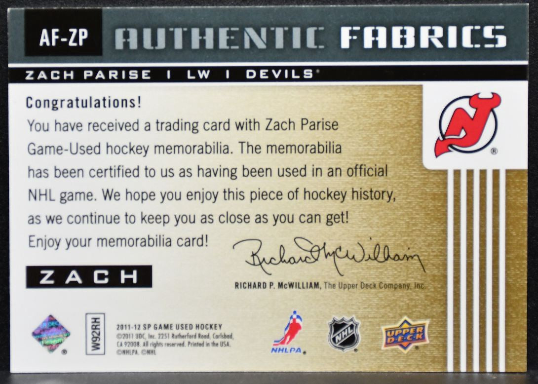 2011-12 SP Game Used Authentic Fabrics Zach Parise AF-ZP Devils Jersey 4798