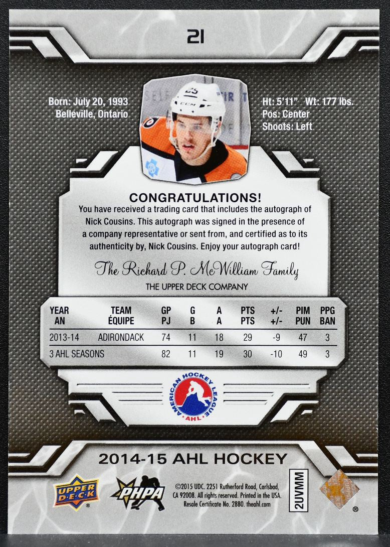 2014-15 Upper Deck AHL Autographs Nick Cousins Lehigh Valley Phantoms Auto 8810