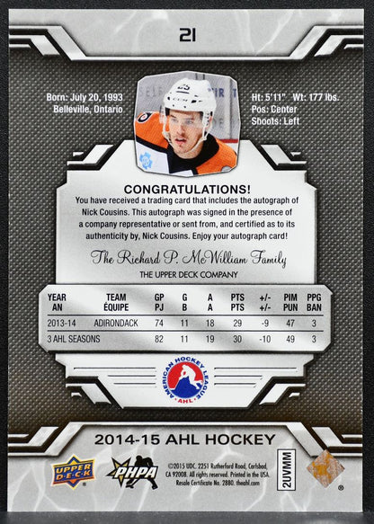 2014-15 Upper Deck AHL Autographs Nick Cousins Lehigh Valley Phantoms Auto 8810