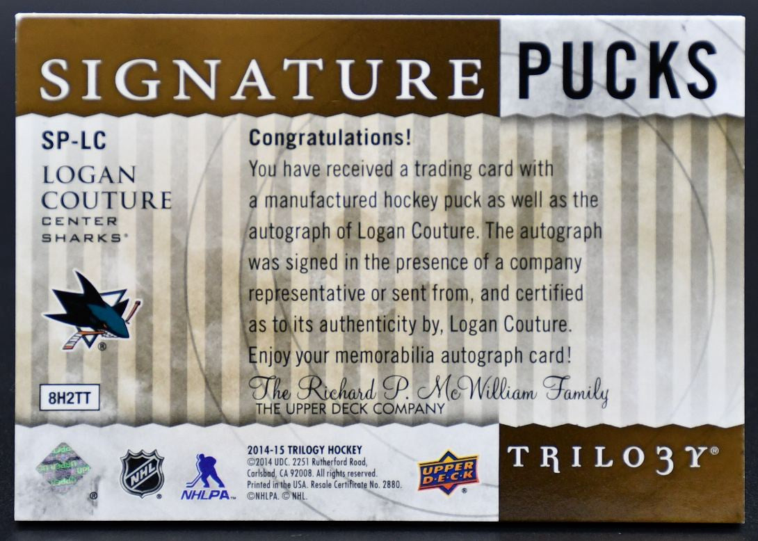 2014-15 UD Trilogy Signature Pucks Logan Couture SP-LC Auto
