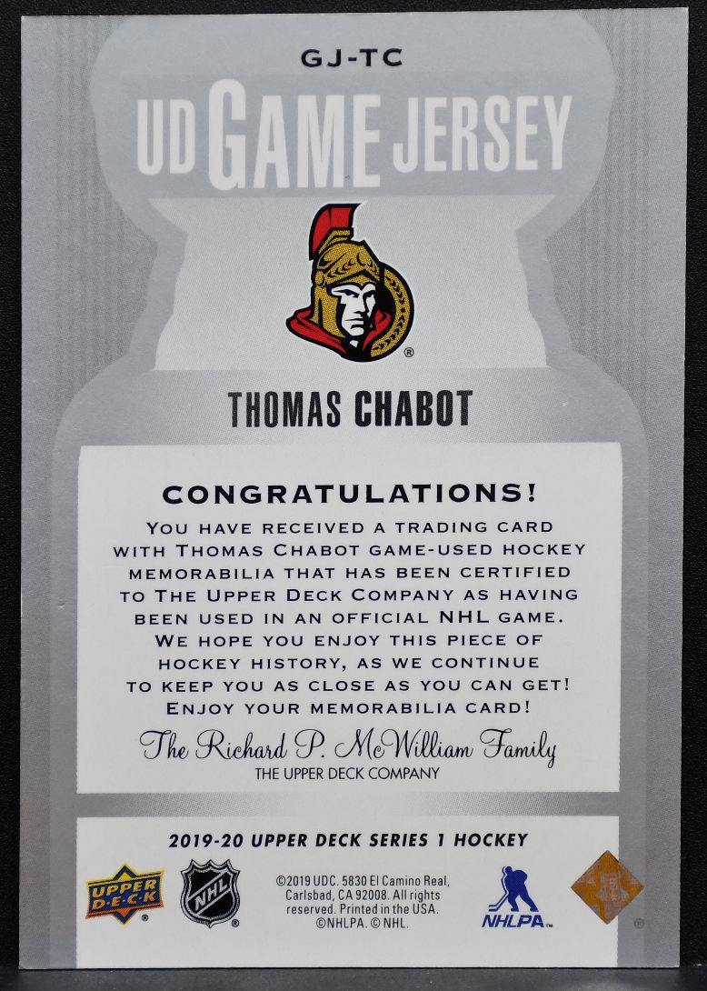 2019-20 Upper Deck Series 1 UD Game Jersey Thomas Chabot Senators Jersey 8117