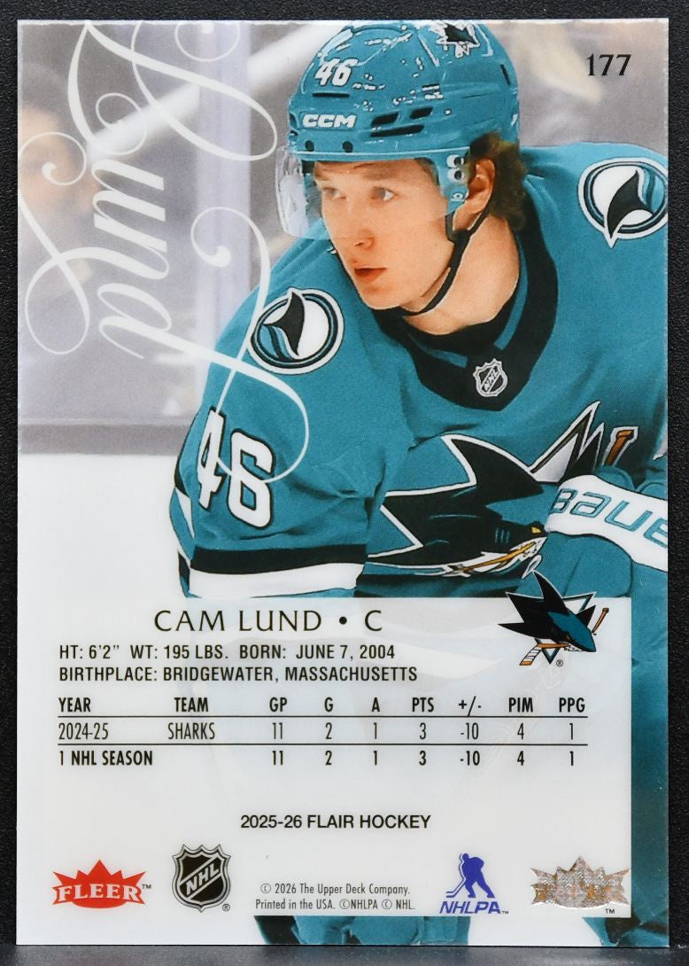 2025-26 Flair Cam Lund 177 San Jose Sharks RC 5404