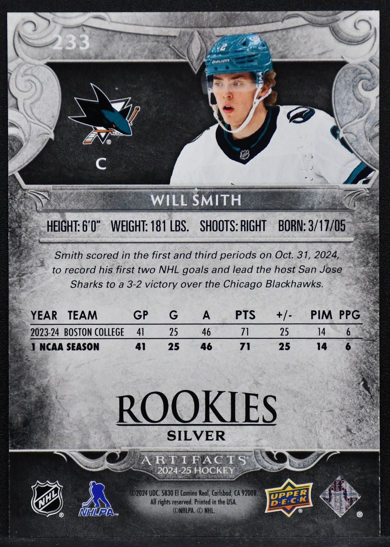 2024-25 UD Artifacts Rookies Silver Will Smith 233 San Jose Sharks RC 304/899