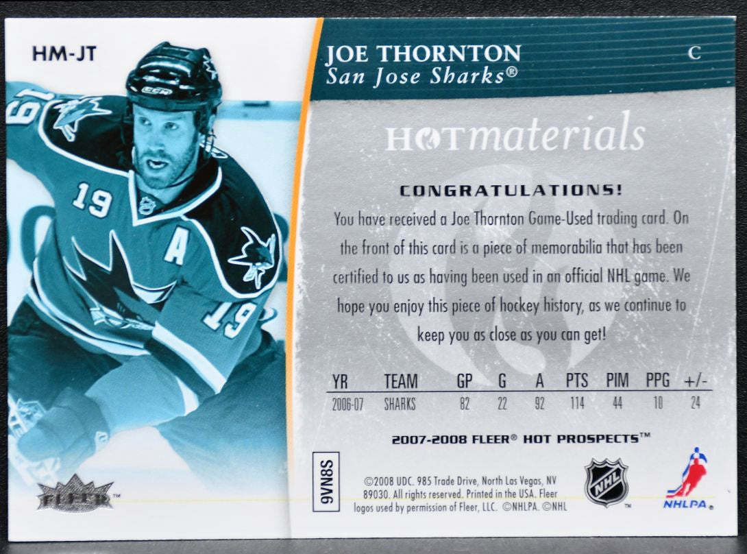 2007-08 Fleer Hot Prospects Materials Joe Thornton Sharks Jersey 0726