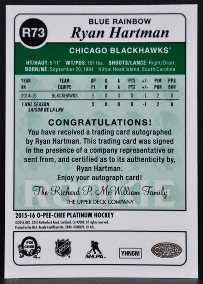2015-16 OPC Platinum Retro Rainbow Blue Ryan Hartman R73 Blackhawks RC Auto 1530