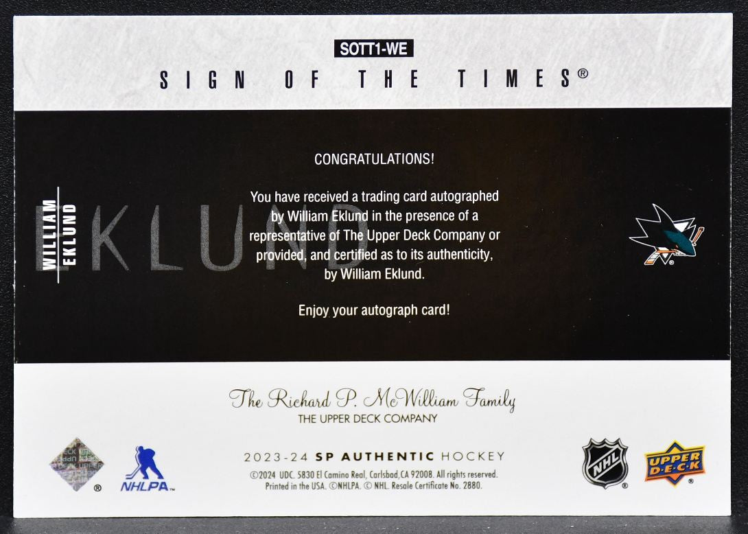 2023-24 SP Authentic 2003-04 Retro Sign Times Eklund SOTT1-WE Sharks Auto 4630