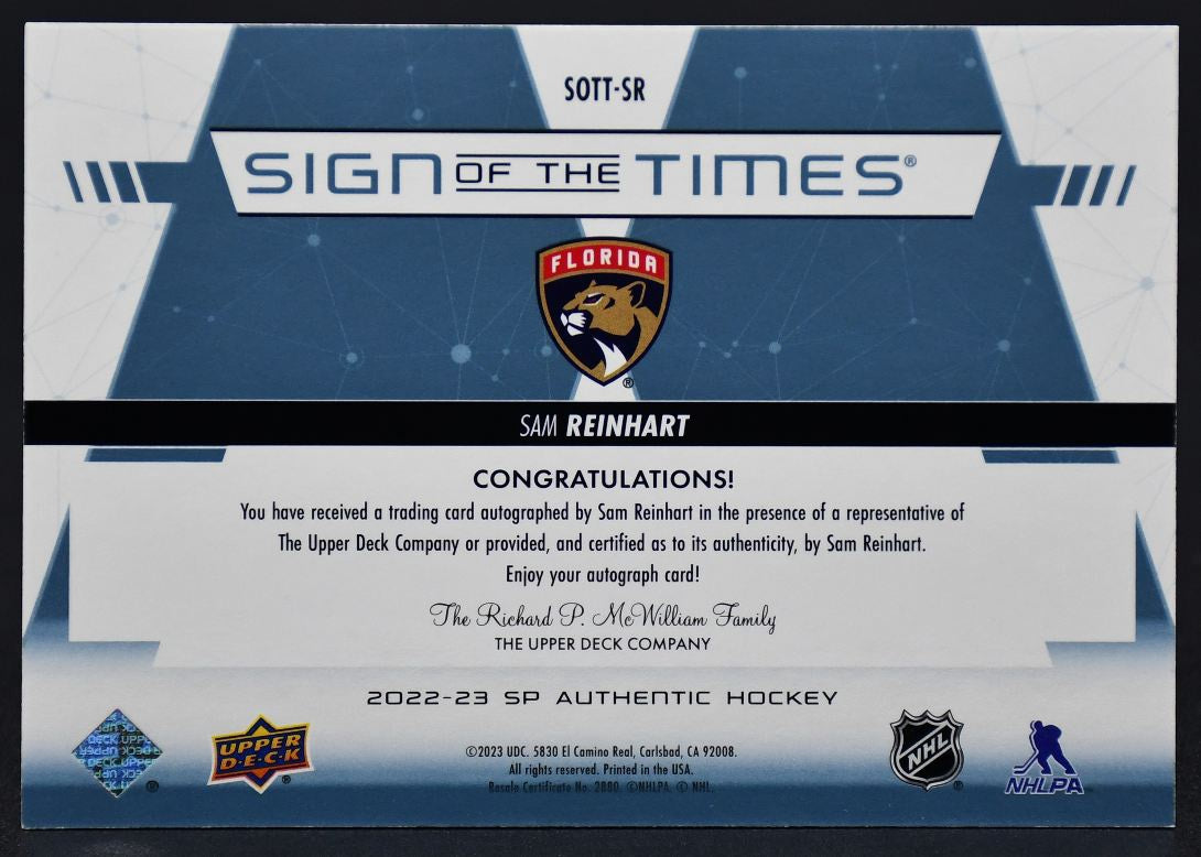 2022-23 SP Authentic Sam Reinhart SOTT-SR Florida Panthers Auto