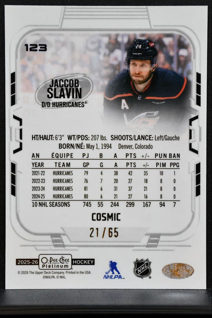 2025-26 O-Pee-Chee Platinum Cosmic Jaccob Slavin Carolina Hurricanes 21/65 2102