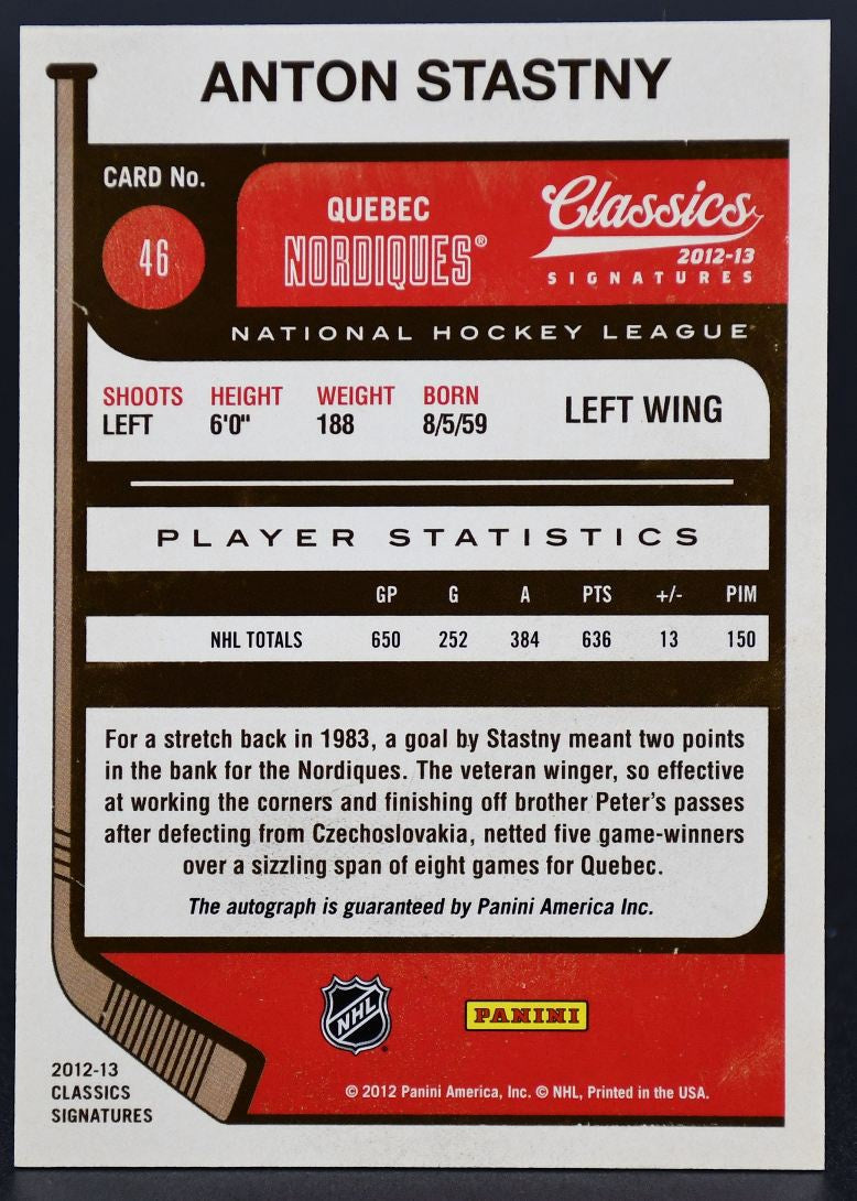 Carte autographiée Stastny des Nordiques de Québec, collection Panini Classics Signatures 2012-13