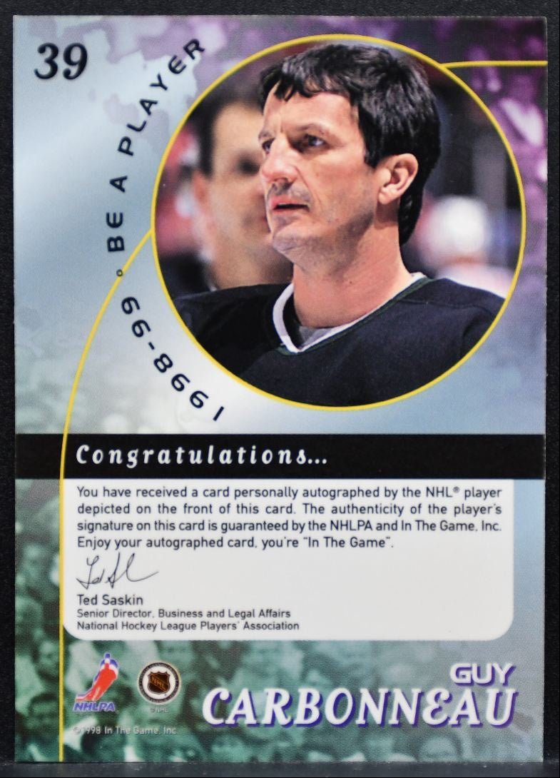 1998-99 Be a Player Autographs Guy Carbonneau 39 Dallas Stars Auto 9441