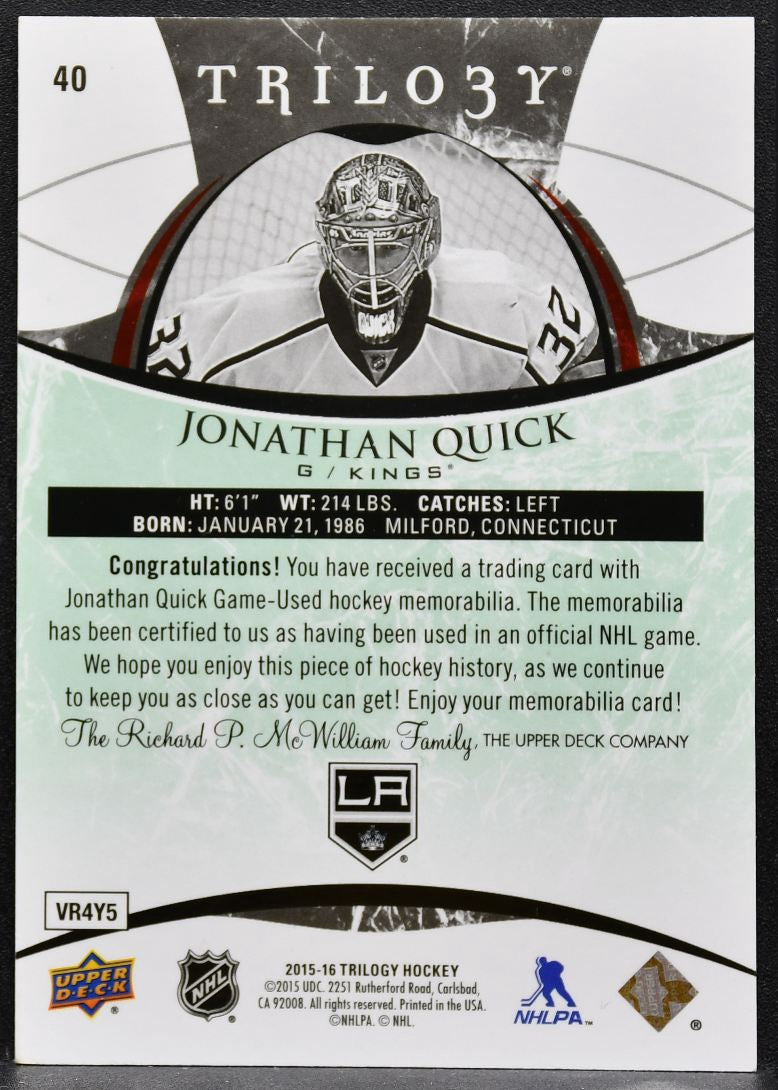 2015-16 UD Trilogy Green Rainbow Foil Jonathan Quick 40 Kings Jersey 9301